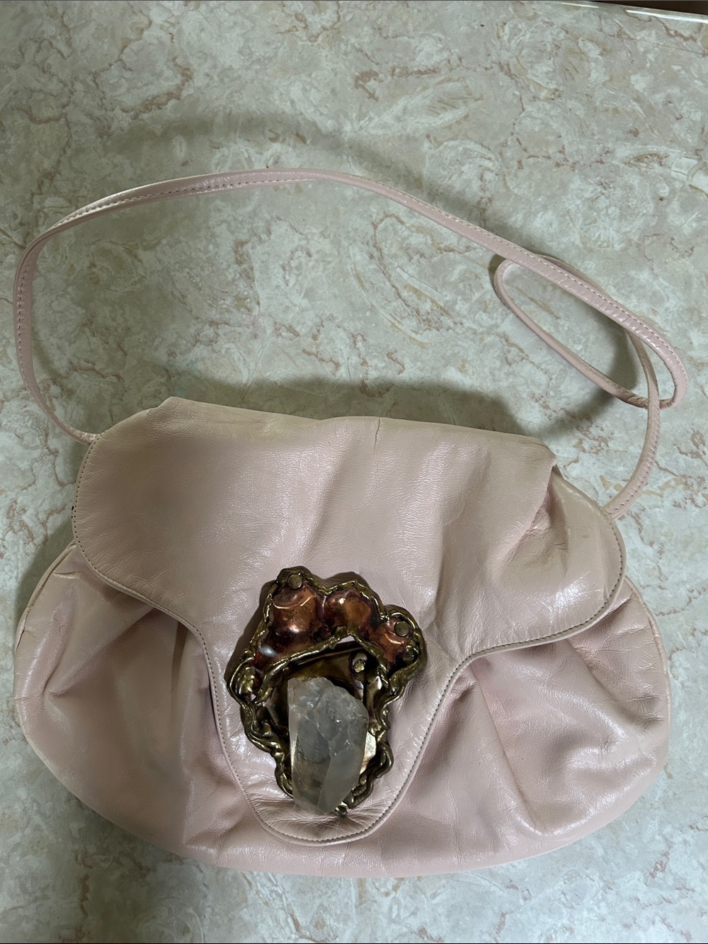 Soft Blush Leather Crossbody Bag with Decorative Stone Accent